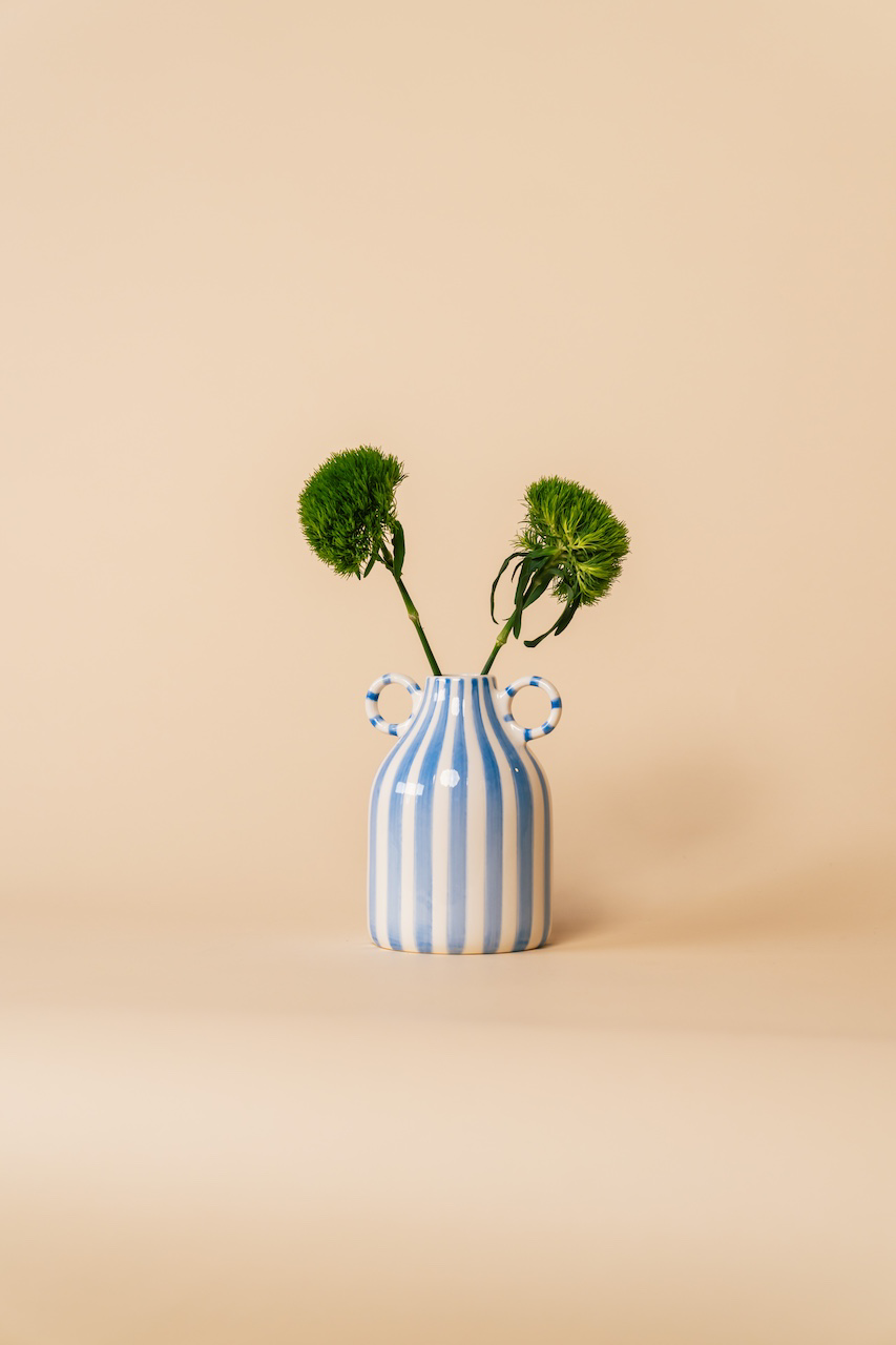 Blue and White Ceramic Vase with Handle