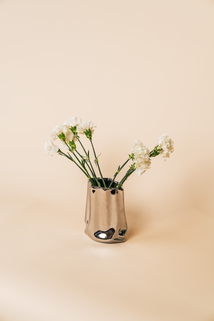 Crinkle Ceramic Silver Flower Vase