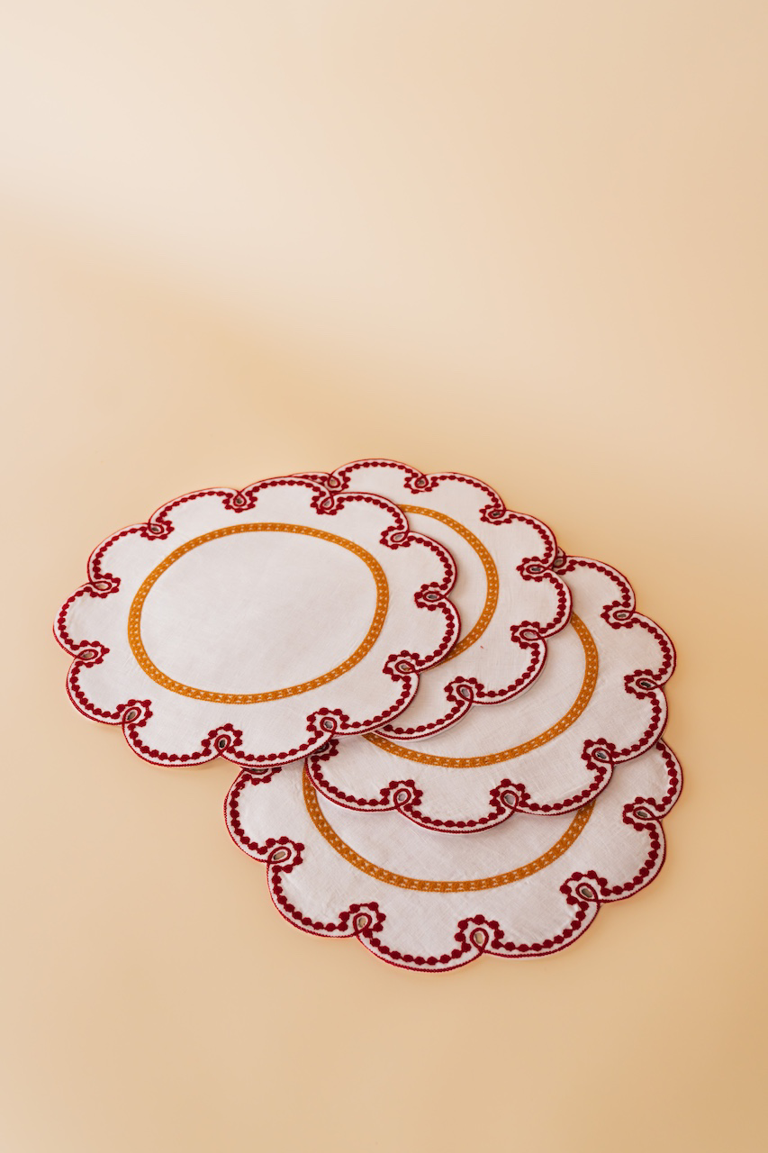 Fête Embroidered Linen Placemats in Red & Amber Set