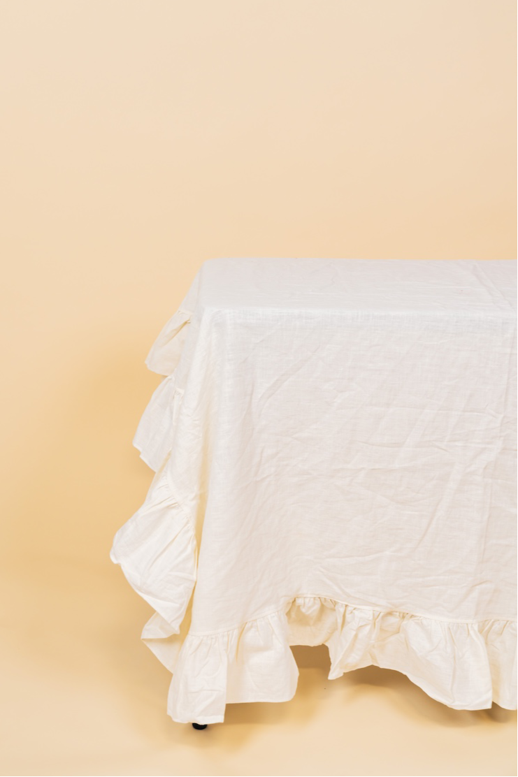 Ivory Ruffle Linen Tablecloth
