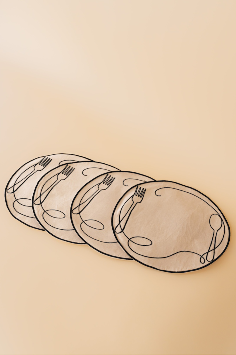 Line Drawing Embroidered Linen Placemat Set