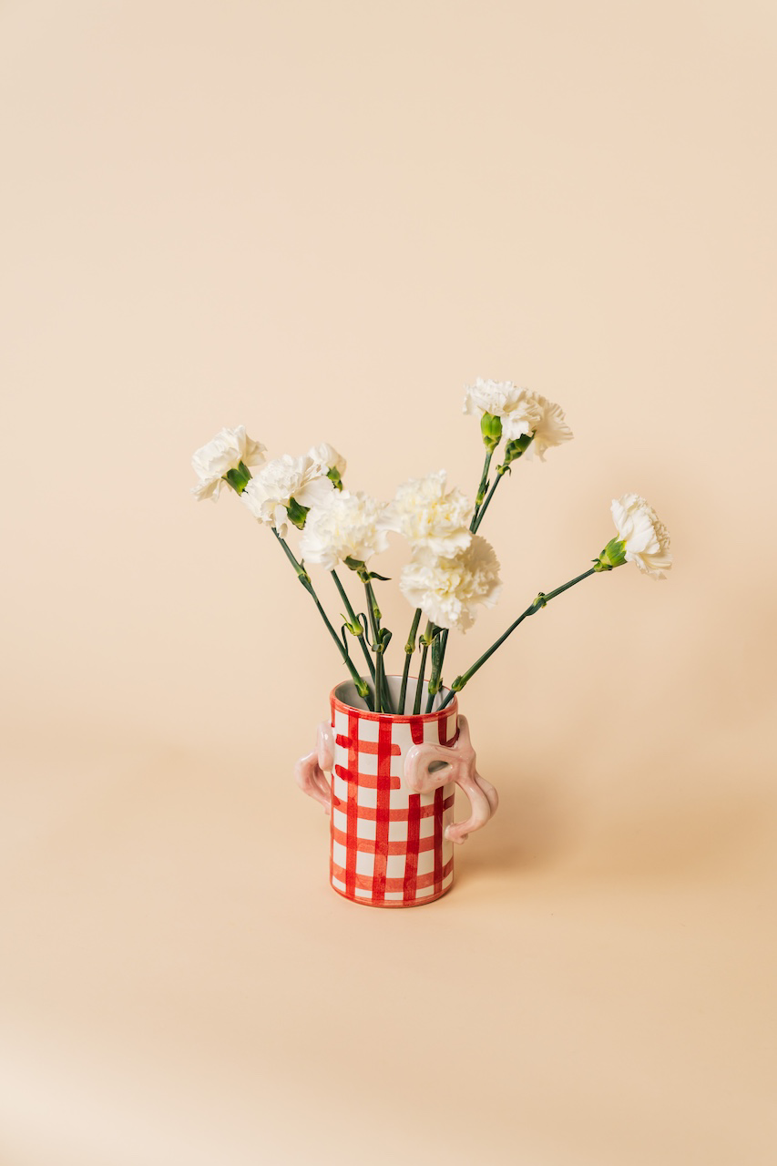 Red Gingham Hand-Painted Bow Handle Vase