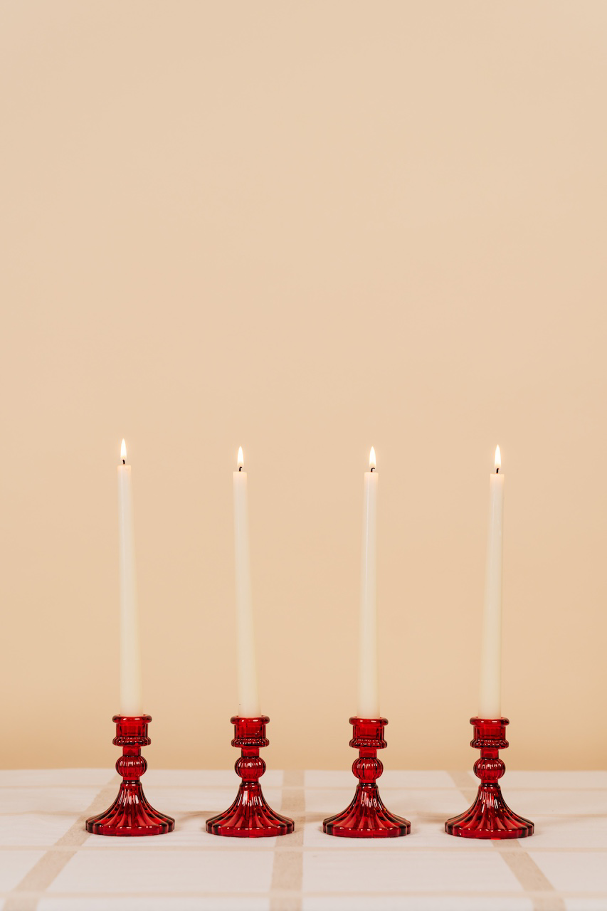 Red Glass Double Sided Candle Holder Set