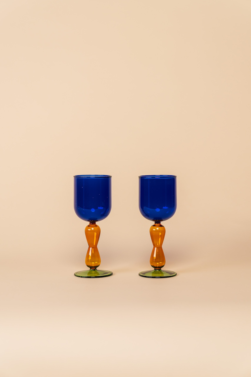 Retro Blue Orange Goblet Wine Glass Set of 4