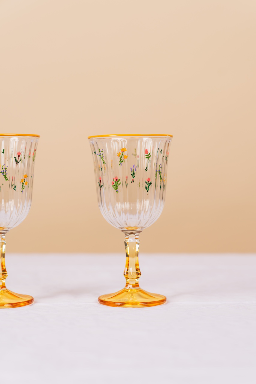 Yellow Botanical Stemmed Wine Glass Set of 2