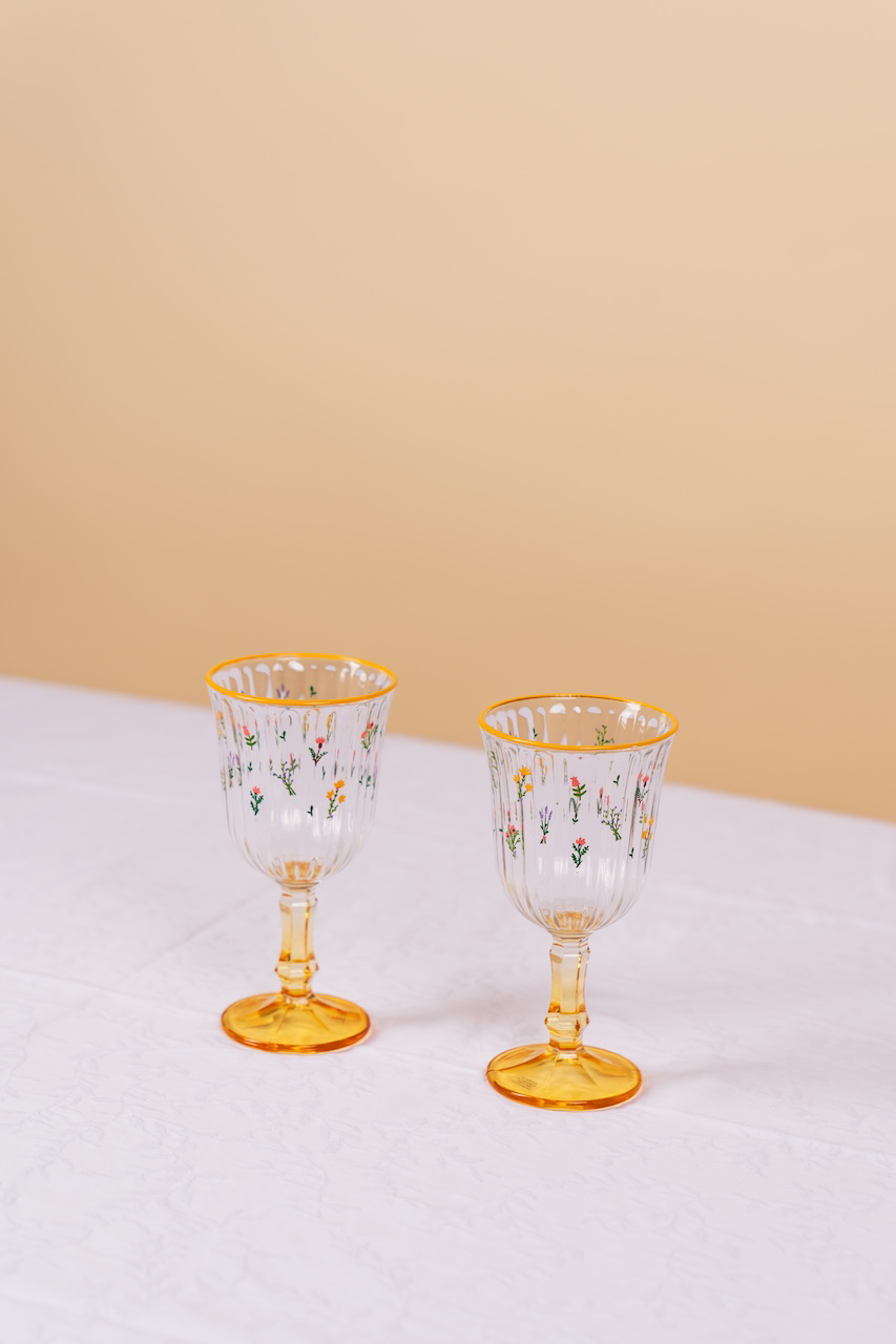 Yellow Botanical Stemmed Wine Glass Set of 2