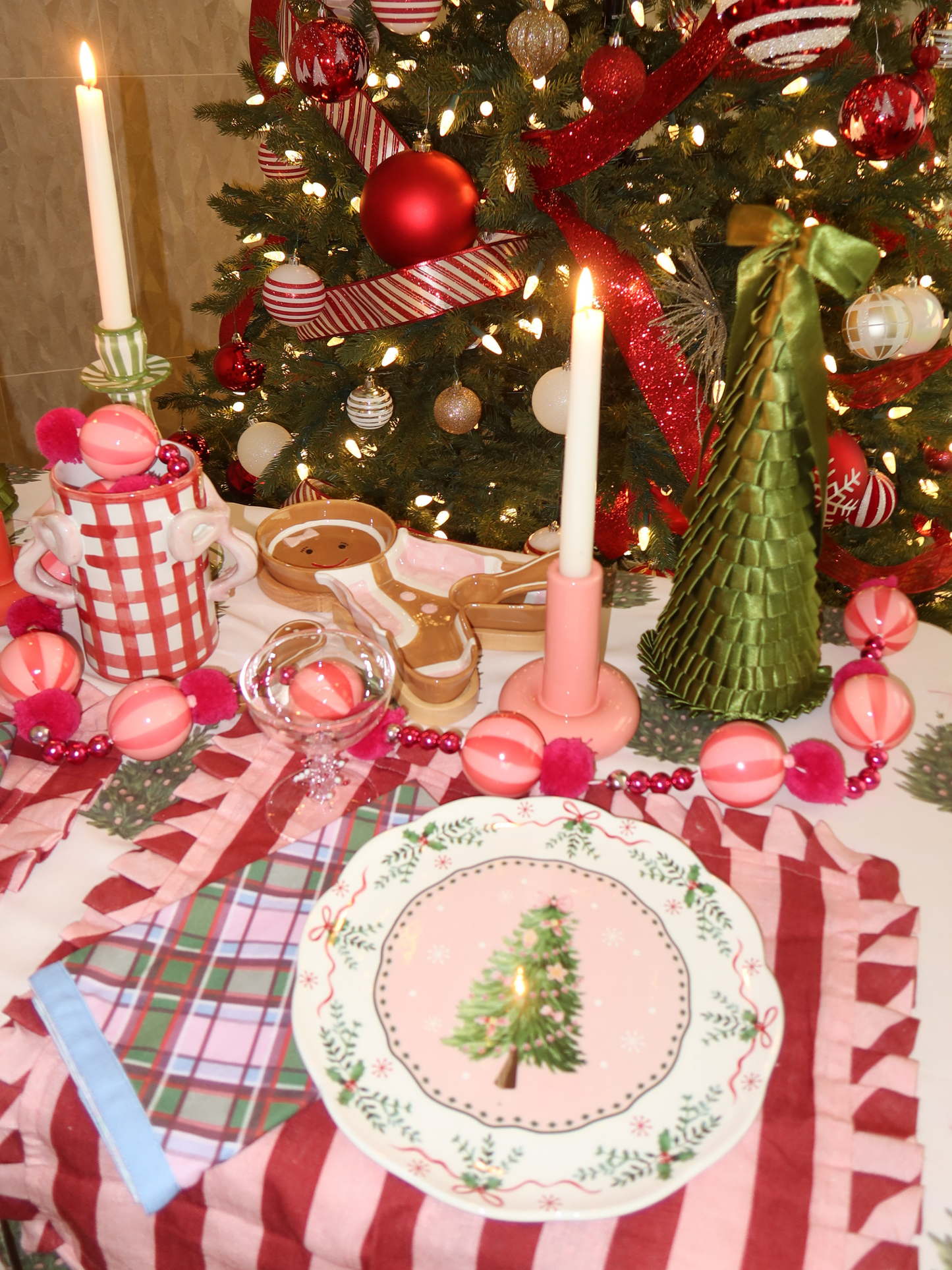 Pink Christmas Tree Dinner Plate Set