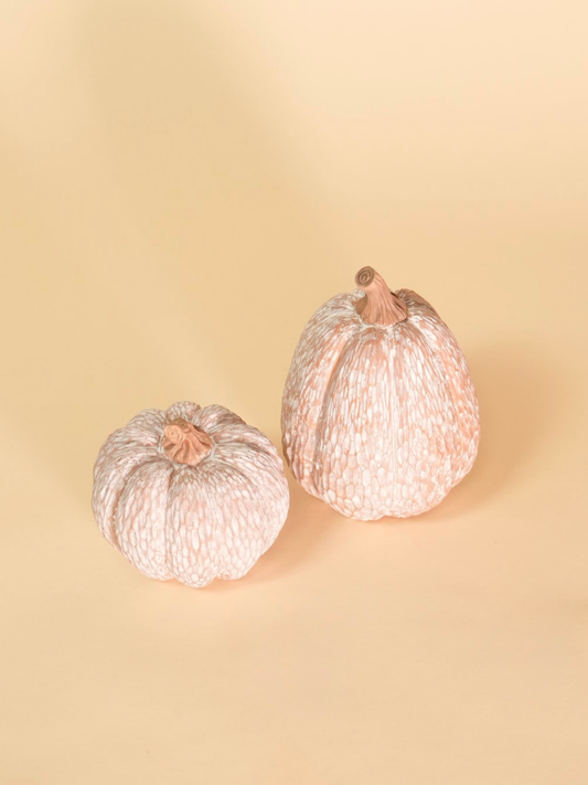 Two decorative pumpkins with a textured surface on a beige background