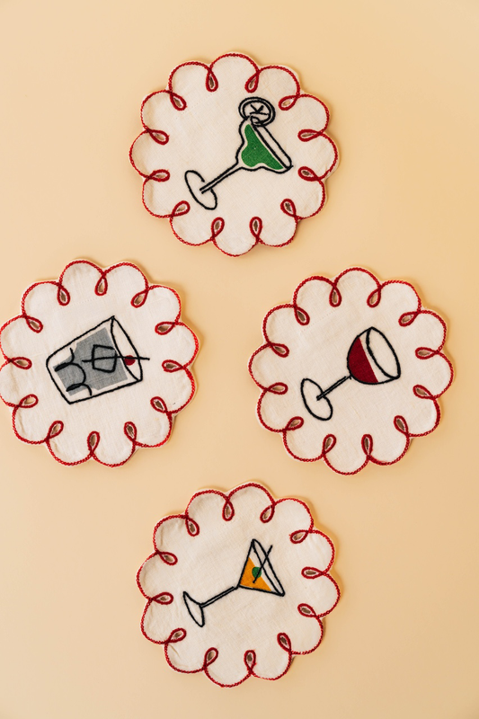 Fête Embroidered Linen Coaster