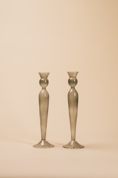 Grey Nordic Taper Glass Candlestick Holder Set