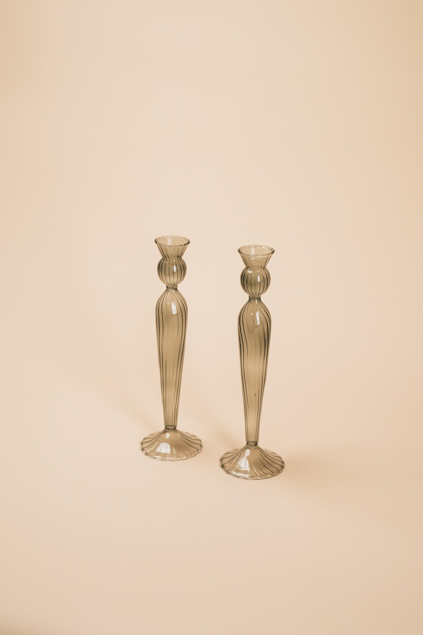 Grey Nordic Taper Glass Candlestick Holder Set