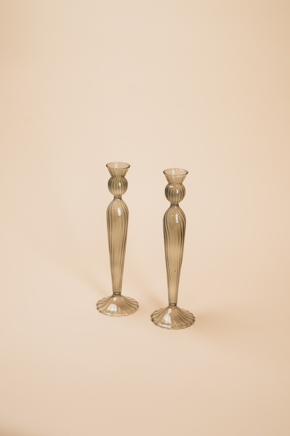 Grey Nordic Taper Glass Candlestick Holder Set