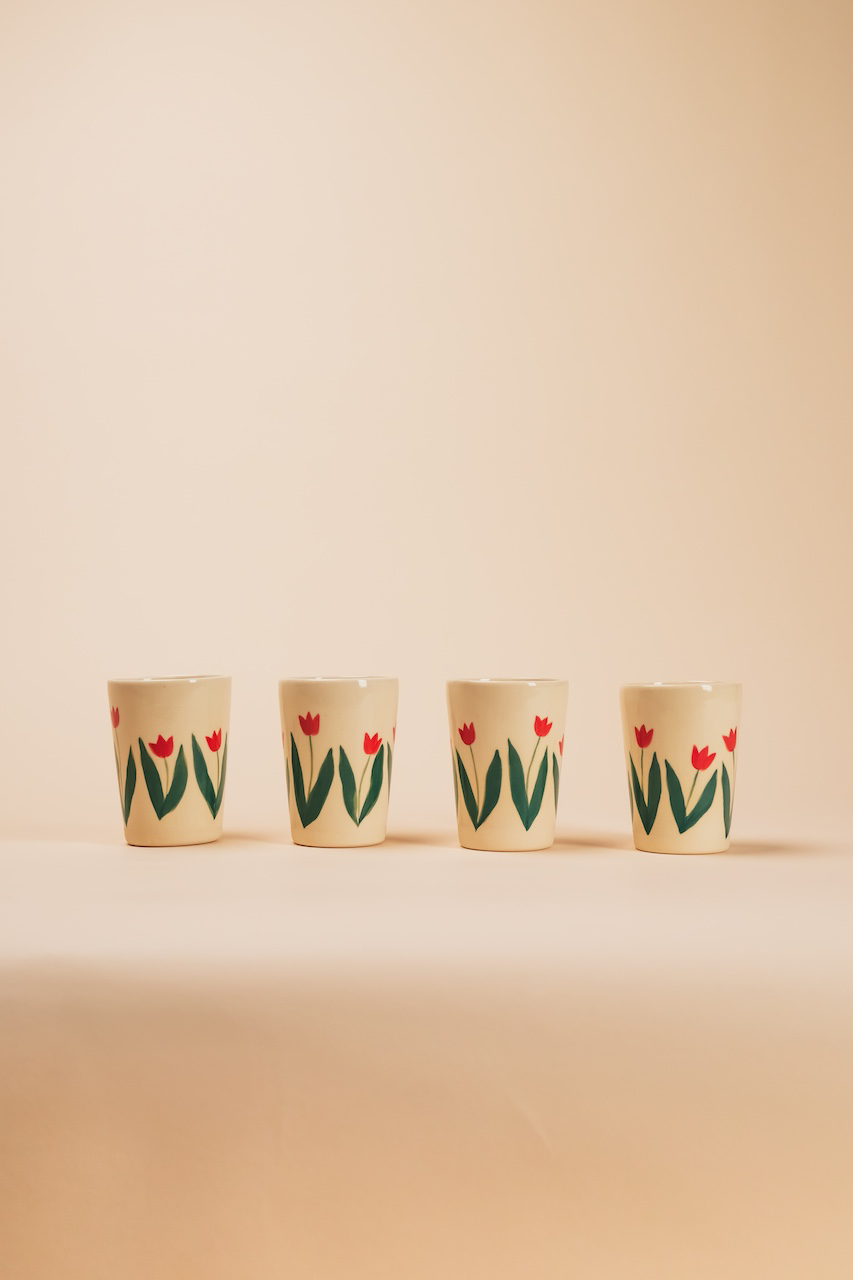 Handpainted Botanical Ceramic Cup with Tulips Set of 4