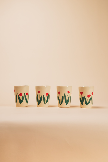 Handpainted Botanical Ceramic Cup with Tulips Set of 4