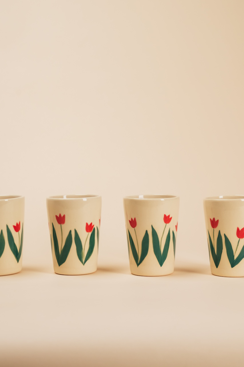 Handpainted Botanical Ceramic Cup with Tulips Set of 4