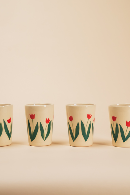 Handpainted Botanical Ceramic Cup with Tulips Set of 4
