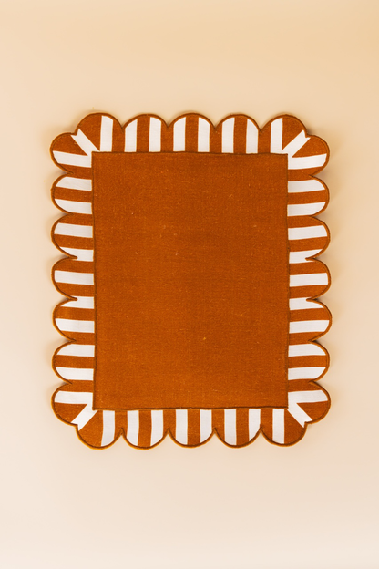 Jardin Embroidered Linen Scalloped Stripe Double-Sided Placemat in Amber Set