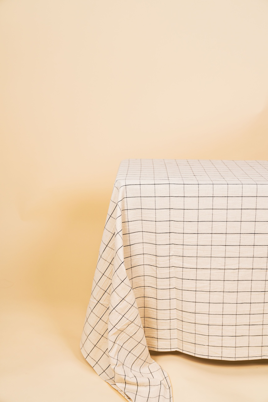Light Beige Checkered Striped Cotton Tablecloth