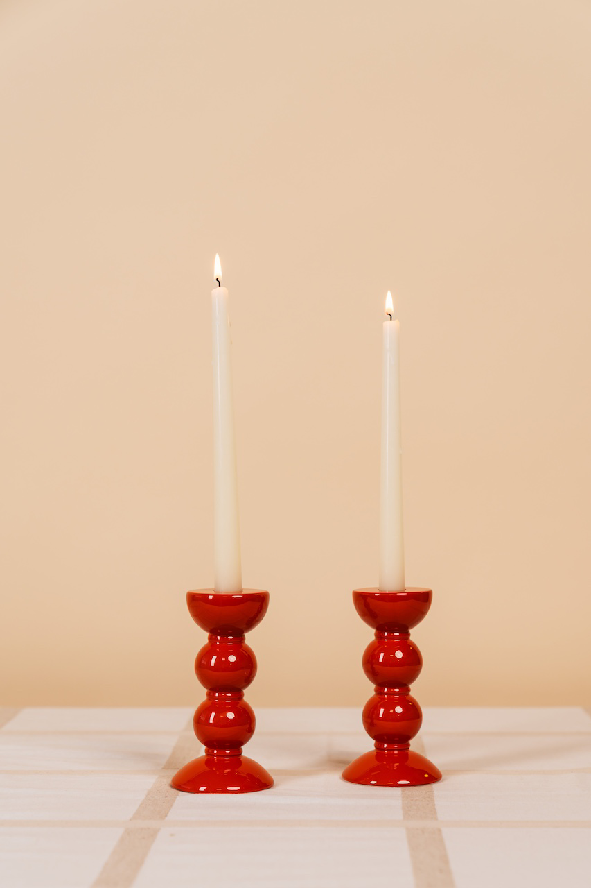 Medium Orange Bobbin Candlestick Holder Set