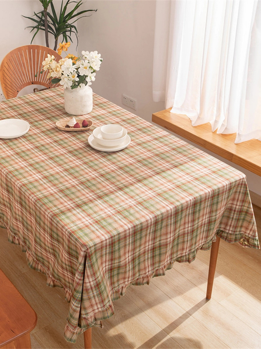 Green Khaki Plaid Ruffle Tablecloth
