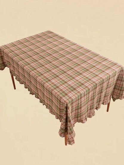 Green Khaki Plaid Ruffle Tablecloth