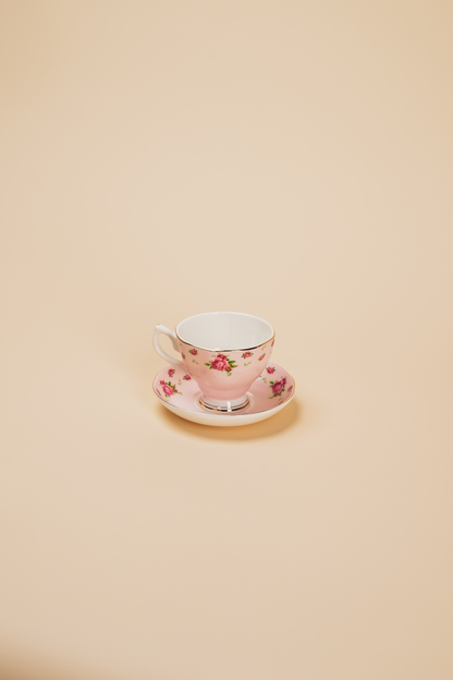 Pink Bone China Teacup with Saucer Set of 4