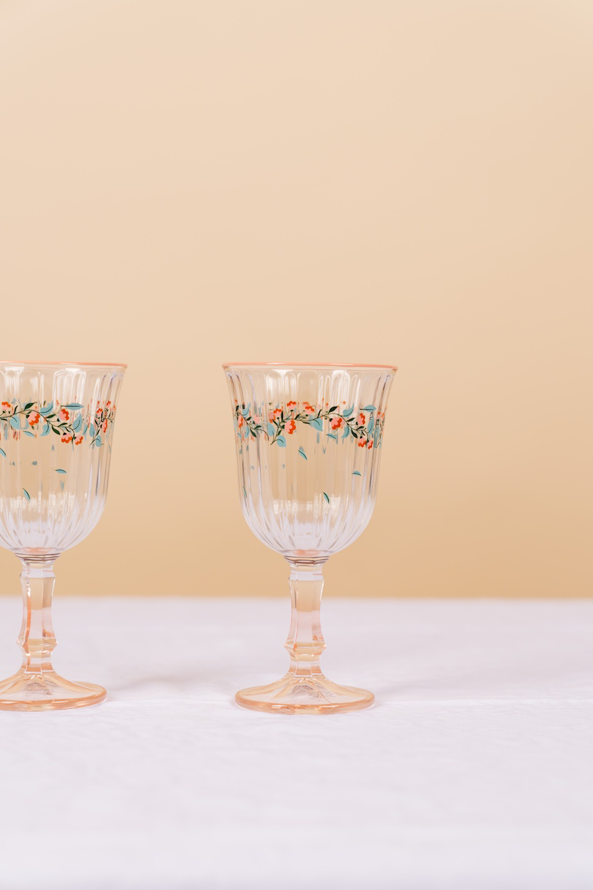 Pink Botanical Stemmed Wine Glass Set of 2