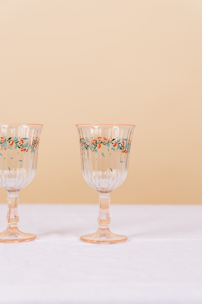 Pink Botanical Stemmed Wine Glass Set of 2