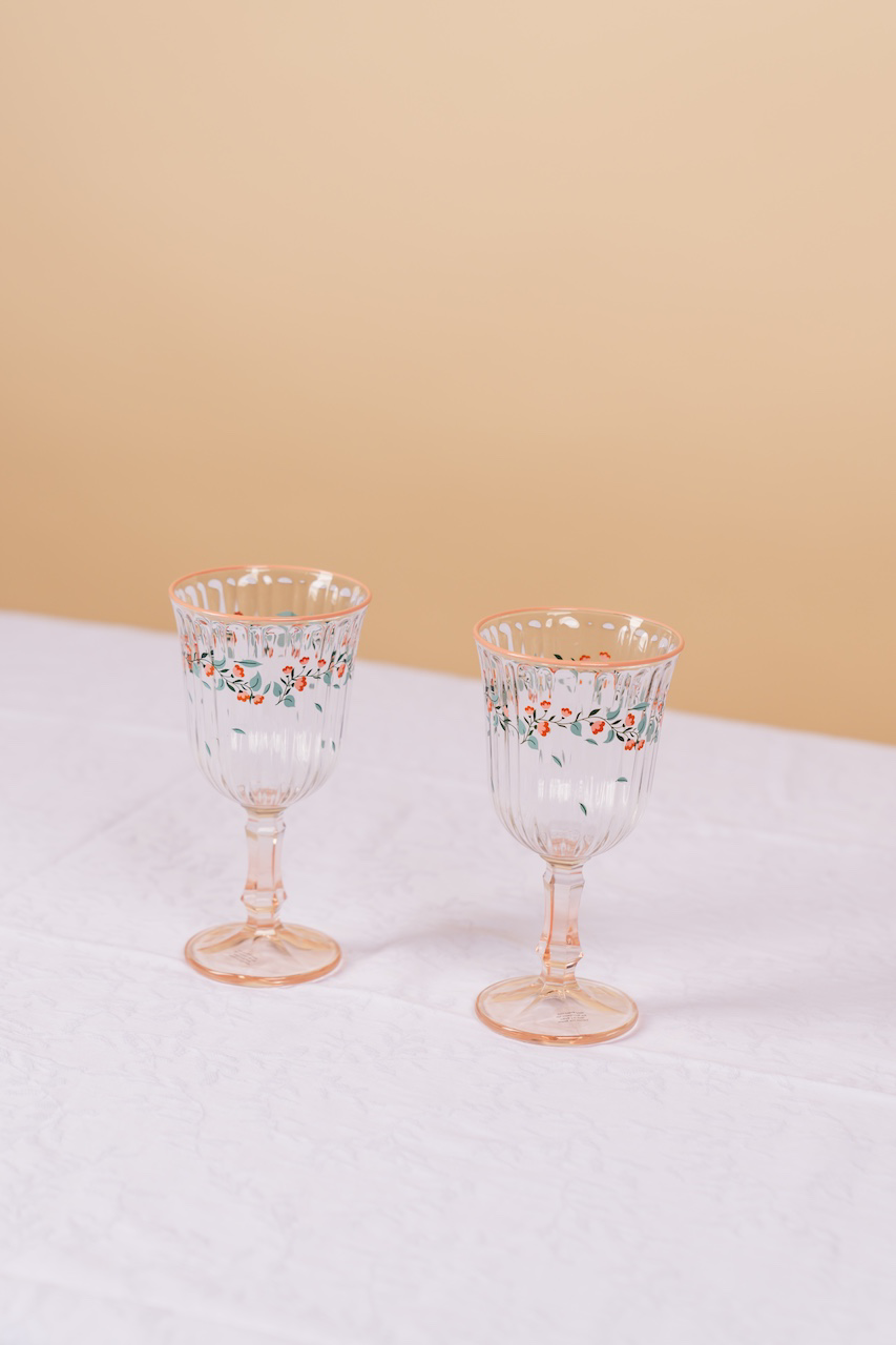 Pink Botanical Stemmed Wine Glass Set of 2