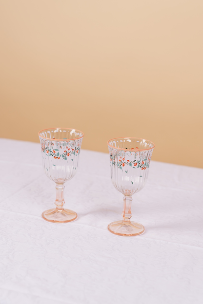 Pink Botanical Stemmed Wine Glass Set of 2