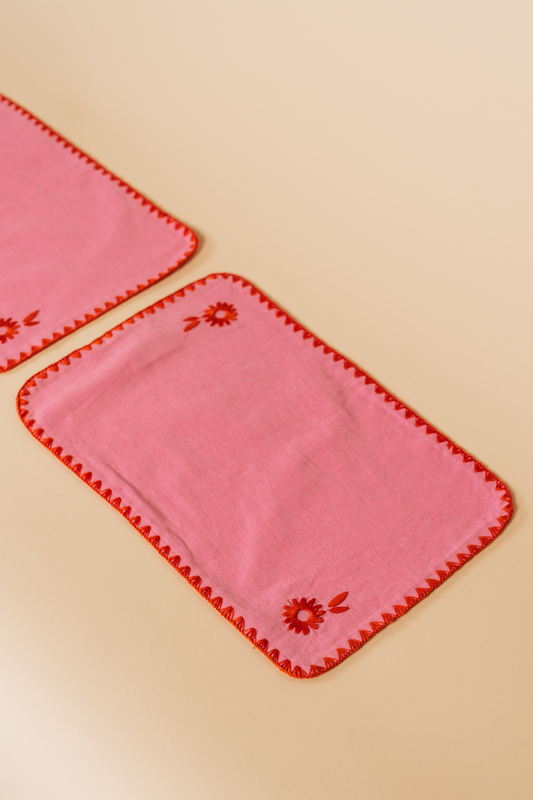 Pink Floral Cotton-Linen Placemat Set