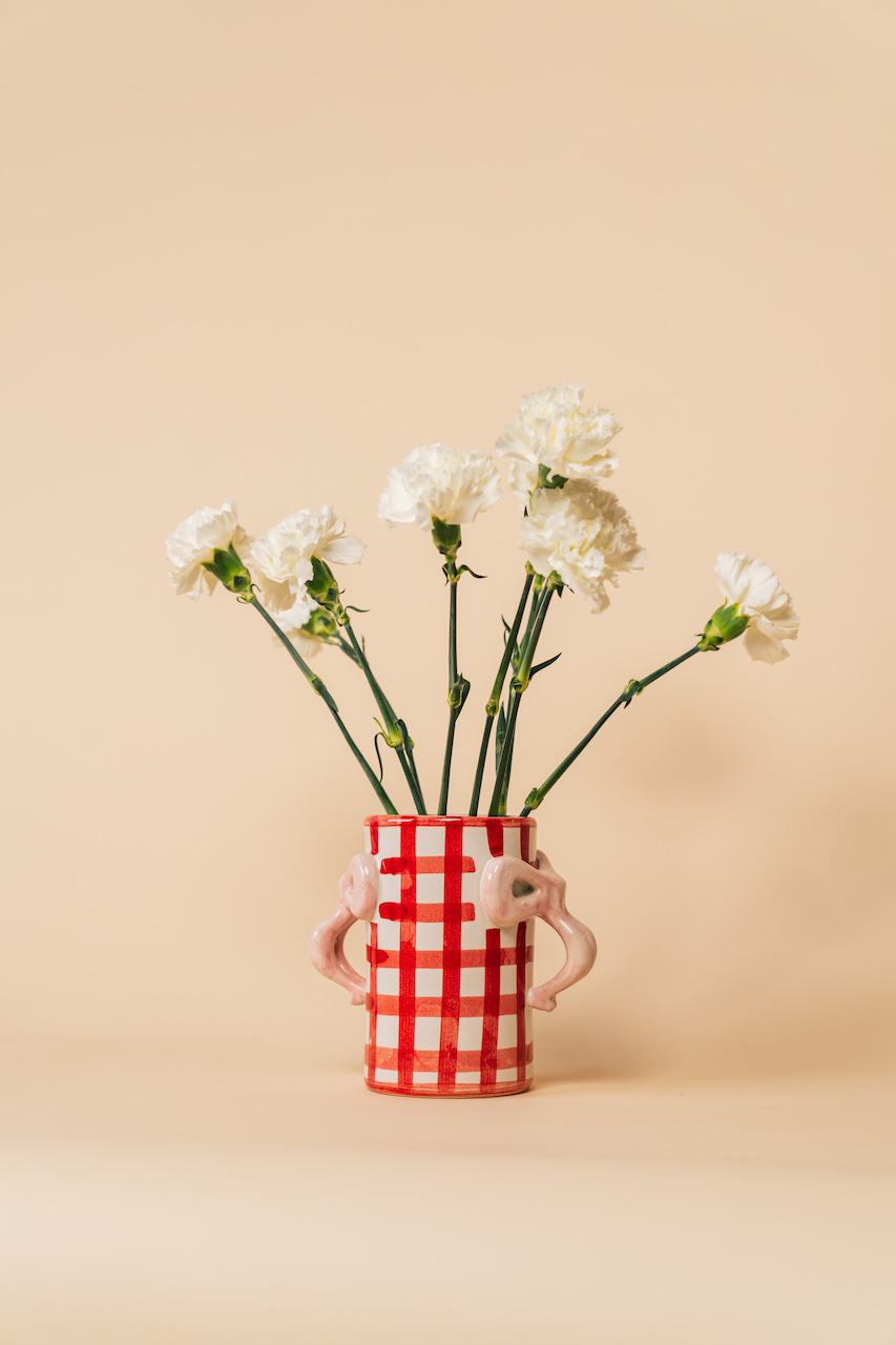 Red Gingham Hand-Painted Bow Handle Vase