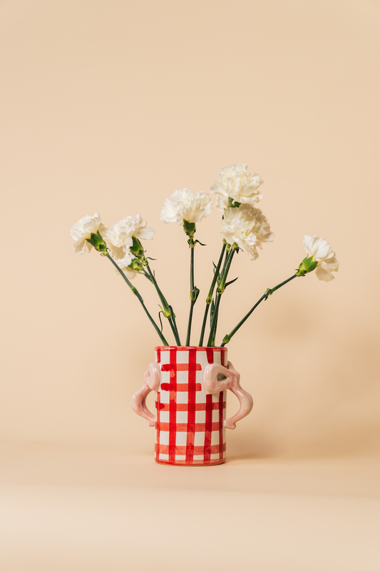 Red Gingham Hand-Painted Bow Handle Vase