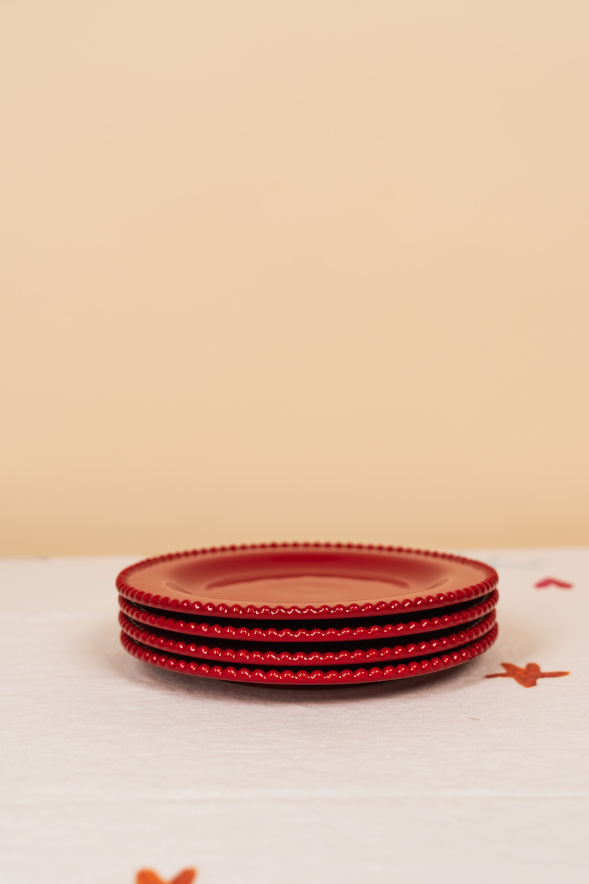 Red Stoneware Beaded Rim Side Plate Set