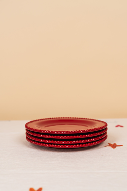 Red Stoneware Beaded Rim Side Plate Set