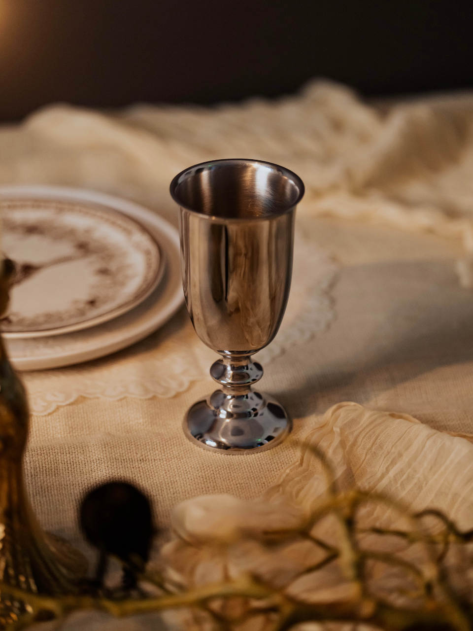 Silver goblet on a textured surface with a blurred background