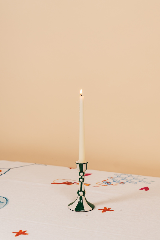 Still Life Hand-Painted Ceramic Candleholder in Green