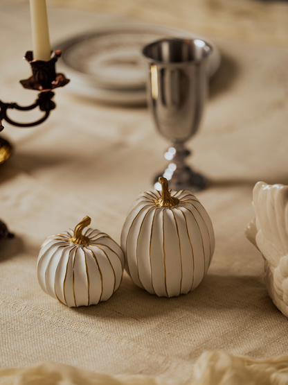 Two small white pumpkins with gold stems on a textured surface.