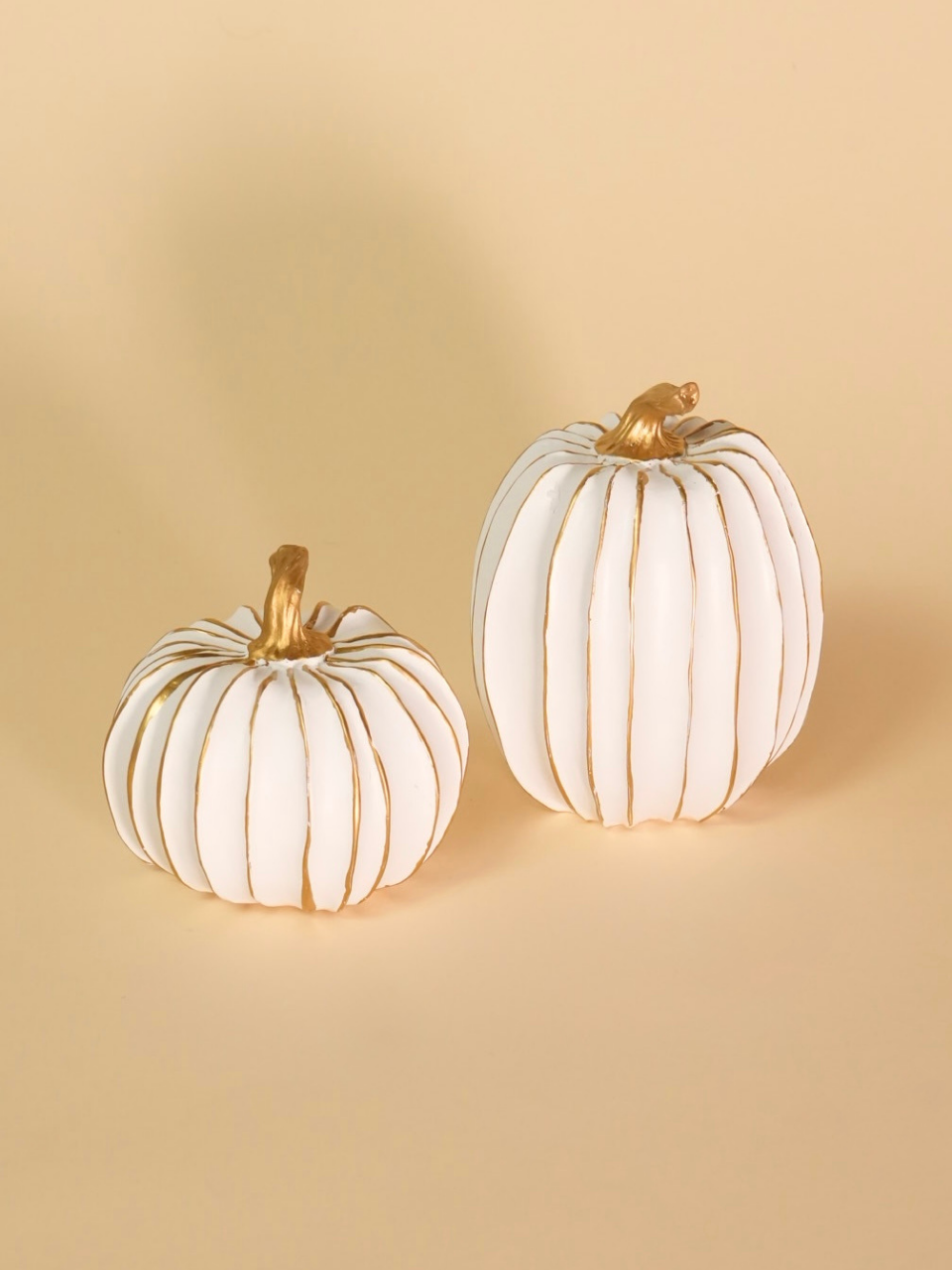 Two white pumpkins with gold stems on a beige background