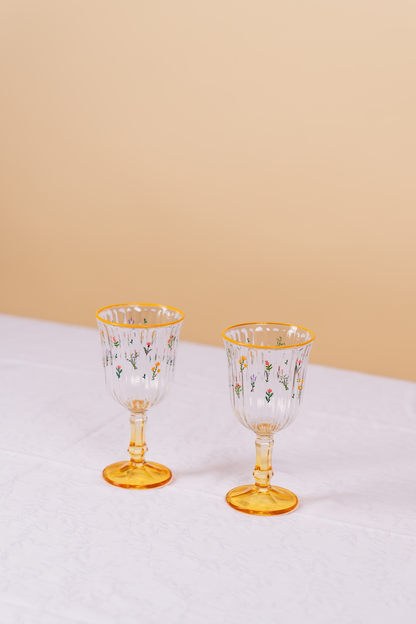 Yellow Botanical Stemmed Wine Glass Set of 2
